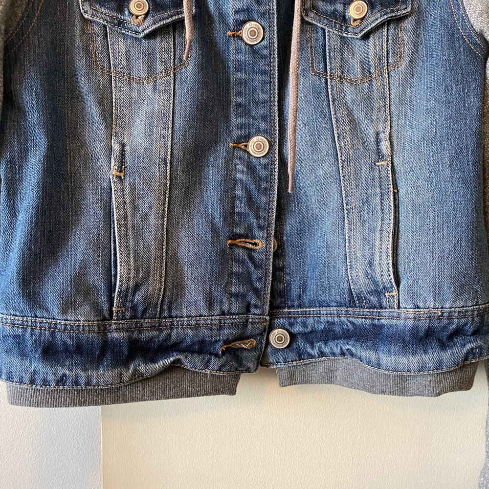 Dex Blue Denim Jacket with Gray Sleeves and Hoodie - Picture 3 of 6